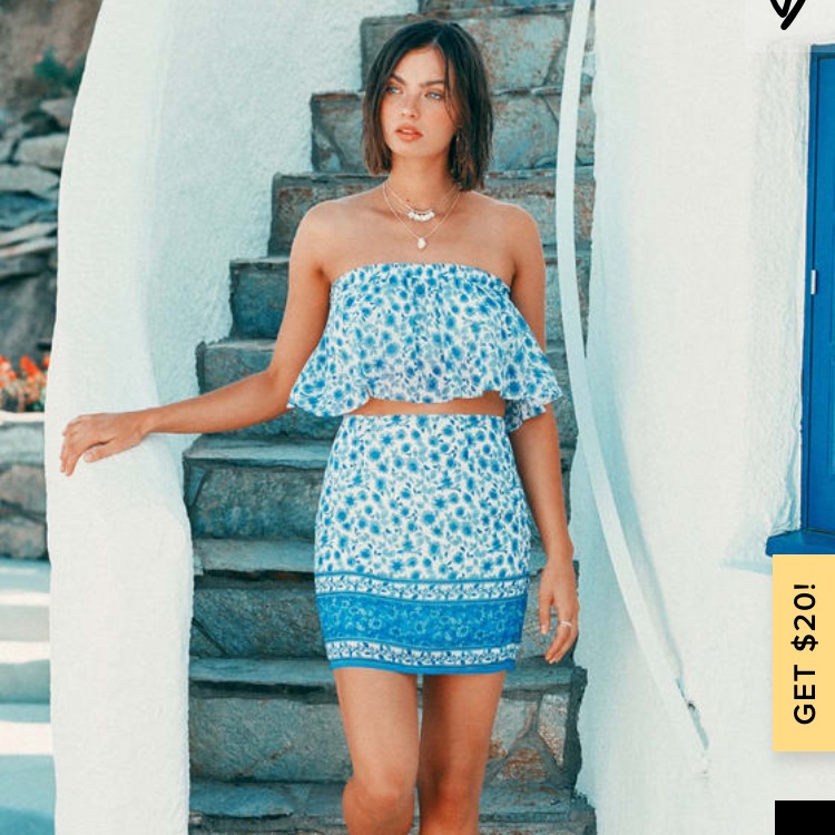 Catarina Blue & White Floral Print Zipper Skirt